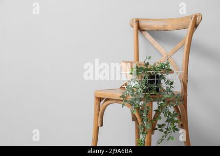 Korb mit Büchern und Zimmerpflanzen auf Stuhl in der Nähe der hellen Wand Stockfoto