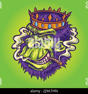 Gekrönter Gorilla mit rauchenden Cannabis-Vektor-Illustrationen für Ihr Logo, Merchandise-T-Shirt, Aufkleber und Etikettendesigns, Poster, Grußkarten Stock Vektor