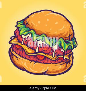 Köstliche Burger Fast Food Cartoon-Vektor-Illustrationen für Ihre Arbeit Logo, Merchandise-T-Shirt, Aufkleber und Label-Designs, Poster, Grußkarten Stock Vektor