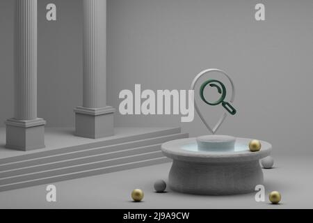 Schöne abstrakte Illustrationen Ort mit Suchsymbol-Symbol auf einem Brunnen und Säulen-Hintergrund. 3D Rendering-Illustration. Seo Und Business. Stockfoto