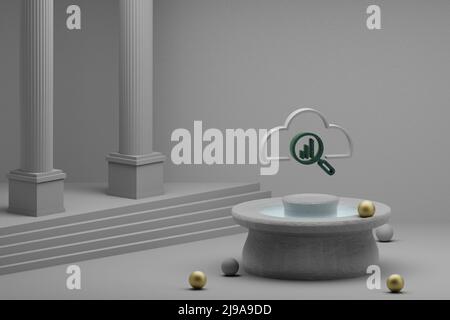 Schöne abstrakte Illustrationen Wolke mit Such-Symbol-Symbol auf einem Brunnen und Säule Hintergrund. 3D Rendering-Illustration. Seo Und Business. Stockfoto