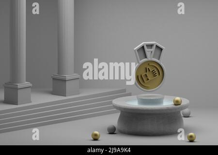 Schöne abstrakte Illustrationen Daumen nach oben Medaillensymbol Symbol auf einem Brunnen und Säule Hintergrund. 3D Rendering-Illustration Stockfoto