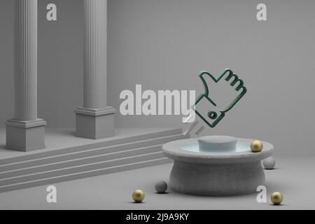 Schöne abstrakte Illustrationen Daumen hoch Symbol Symbol auf einem Brunnen und Säule Hintergrund. 3D Rendering-Illustration. Seo Und Business. Stockfoto