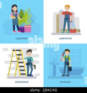 Professionelle Arbeiter Quadrat Konzept mit Spezialisten verschiedener Berufe und Konstruktion Reparatur Werkzeuge Vektor-Illustration Stock Vektor