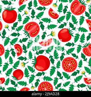 Tomaten nahtloses Muster, weißer Hintergrund mit geschnittenen und ganzen Tomaten und Blättern Stock Vektor