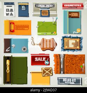 Textil realistische Etiketten Set für Kleidung mit Knöpfen und Pins isolierte Vektor-Illustration Stock Vektor