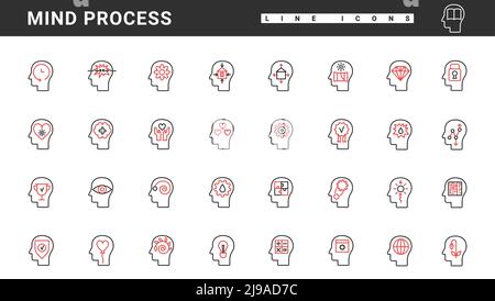 Mind-Prozesse im Gehirn dünne rote und schwarze Linien-Symbole setzen Vektor-Illustration. Abstrakte Symbole der Phantasie, Selbstbildung und Entwicklung intellektueller Fähigkeiten, Empathie im menschlichen Kopf Stock Vektor