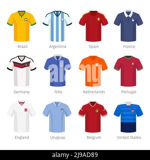 Fußballuniform oder Fußball der Nationalmannschaften. argentinien brasilien spanien frankreich deutschland italien niederlande portugal england. Vektorgrafik Stock Vektor