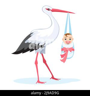 Storch trägt Baby im Bündel isoliert auf weiß. Vektorgrafik Stock Vektor