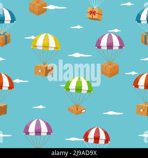 Lieferung nahtloser Hintergrund mit Geschenkboxen auf Fallschirmen. Lieferservice von Geschenken. Vektorgrafik Stock Vektor