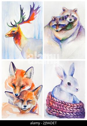 Aquarell kindliche Illustration Set von niedlichen Waldtiere. Stockfoto