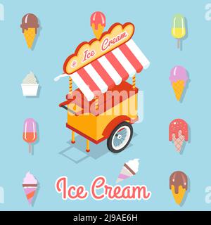 Trolley zum Verkauf von Eis. Set aus verschiedenen Arten von Eis auf einem Stock und Waffelbecher. Vektorgrafik Stock Vektor