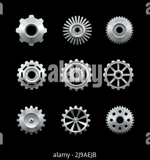 Glänzende Metallzahnräder auf dunklem Hintergrund Vektorgrafik isoliert gesetzt Stock Vektor