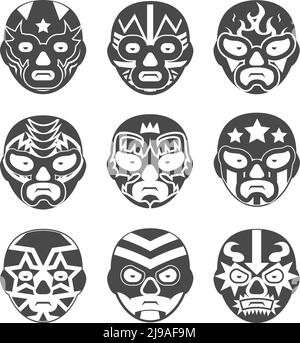 Lucha libre, mexikanische Wrestling Masken Icons Set. Charakter Gesicht, Person und Kostüm, Kämpfer extrem, Vektor-Illustration Stock Vektor