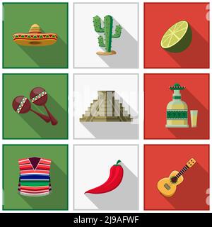 Mexiko Symbole gesetzt, mexikanische Symbole. Kaktus und Chili, Tequila und Gitarre, Reisen und Latino. Vektorgrafik Stock Vektor