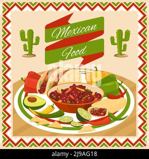 Poster zum mexikanischen Essen. Gemüse und Chili, Avocado und Limette, frische traditionelle natürliche, Vektor-Illustration Stock Vektor