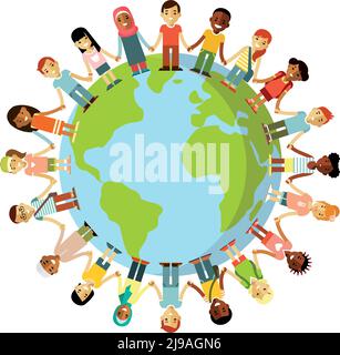 Verschiedene internationale multikulturelle Kinder stehen zusammen und halten die Hände auf der ganzen Welt Stock Vektor