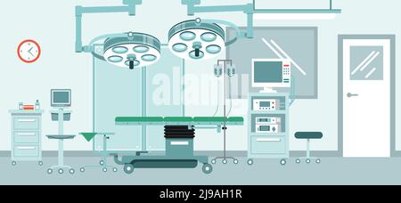 Modernes Krankenhausinterieur mit Möbeln und Geräten für den Betrieb. Vektorgrafik im flachen Stil. Stock Vektor