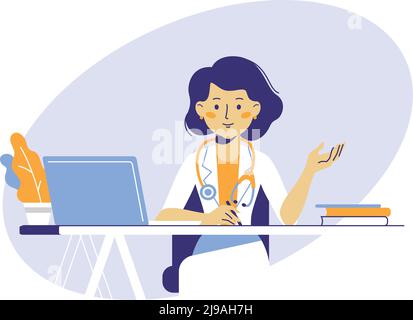 Die Praktizierende junge Ärztin sitzt am Tisch in der medizinischen Praxis des Krankenhauses. Beratung und Diagnose. Stock Vektor