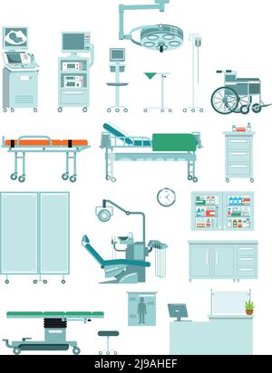 Moderne Möbel, Geräte und Werkzeuge für Diagnose, Behandlung und Chirurgie. Vektordarstellung auf weißem Hintergrund isoliert. Stock Vektor