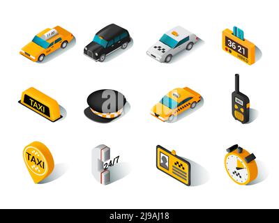 Moderne städtische gelb gemieteten Taxi Auto Zubehör und Fahrer Hut Isometrische Symbole Sammlung abstrakt isoliert Vektor Illustration Stock Vektor