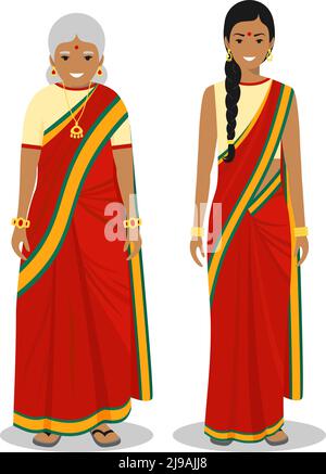Ausführliche Darstellung der ständigen Alte und junge indische Frau in der traditionellen nationalen indischen Kleidung auf weißem Hintergrund im flachen Stil isoliert. Ich Stock Vektor