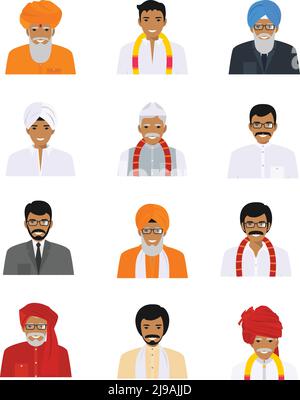 Detaillierte Darstellung verschiedener indischer alter und junger Männer Avatare Ikonen in der traditionellen nationalen hinduistischen Kleidung isoliert auf weißem Hintergrund gesetzt Stock Vektor