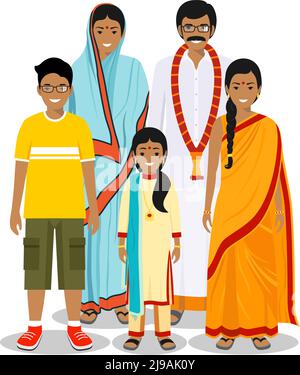 Generationen Mensch. Indische Menschen Vater, Mutter, Junge, Mädchen stehen in traditioneller Kleidung zusammen. Sozialkonzept. Familienkonzept. Stock Vektor