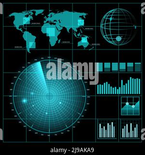Radarbildschirm mit Weltkarte. Militärtechnik, Systemausrüstung, erkennen und überwachen, Vektordarstellung Stock Vektor