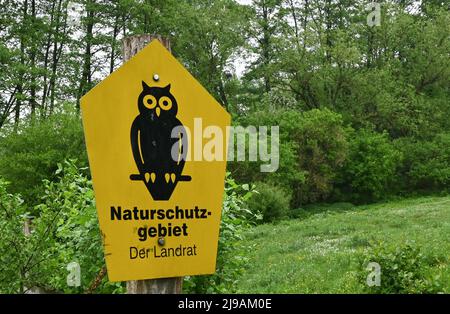 17. Mai 2022, Brandenburg, Rüdersdorf: Am Rande einer Feuchtwiese steht ein Schildernaturschutzgebiet im Naturschutzgebiet und Fauna-Flora-Habitat-Gebiet 'Herrensee, lange-Dammwiesen und Barnim-Hände'. Foto: Patrick Pleul/dpa Stockfoto