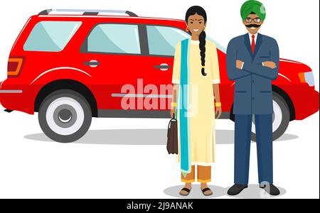 Ein paar indische Geschäftsleute auf weißem Hintergrund isoliert. Gruppe von Geschäftsmann und Frau, die zusammen in der Nähe des Automobils stehen. Niedlich und einfach in Stock Vektor