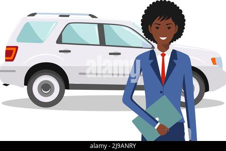 Detaillierte Darstellung der Automobil- und afroamerikanischen Geschäftsfrau auf weißem Hintergrund in flachem Stil. Stock Vektor