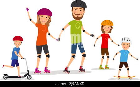 Sportfamilie. Mama, Papa und Kinder Rollschuh. Lifestyle gesund, Vektor-Illustration Stock Vektor