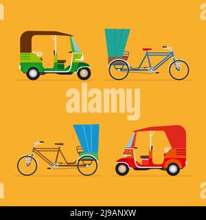 Indische Rikscha. Automatische Rikscha und Pediküre. Reisen Transport Taxi, Tourismus und Fahrzeug, Vektor-Illustration Stock Vektor