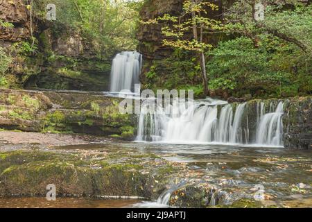 Sgwd Ddwli Isaf (untere sprudelnde Wasserfälle) am Fluss Nedd Fechan zwischen Pont Melin-Fach und Pontneddfechan, Brecon Beacons National Park, South Wales, UK Stockfoto