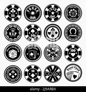 Poker Club und Casino schwarze Labels gesetzt. Privilege vip Spiel, Glücksspiel, Glück und Chip, Vektor-Illustration Stock Vektor