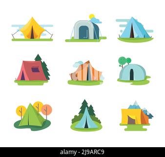 Touristische Zelte Vektor in flachem Stil gesetzt. Erholung Abenteuer, Ausrüstung für Urlaub im Freien, Tourismus-Aktivität Illustration Stock Vektor