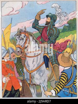 Guerre de Religions : Henri de Navarre dit Henri IV (1553-1610) sur son cheval a la bataille d'Ivry contre les troupes de la Ligue (15. März 1590), criant ces cemebres paroles: 'Ralliez-vous a mon Panache Blanc, il suivra toujours le chemin de l'honneur et de la victoire (französische Religionskriege: König Henri IV. Von Frankreich auf seinem Pferd bei der Schlacht von Ivry trieb seine Truppen berühmt an, indem er sagte: 'Wenn du deine Fähnchen, Kornette oder Flaggen verlierst, Verliert nie meinen Vormarsch aus den Augen, ihr werdet ihn immer auf dem Weg zu Ehren und Sieg finden" 15.. märz 1590) - Gravur aus 'Nos gloires nationales', Vers 1920 Stockfoto