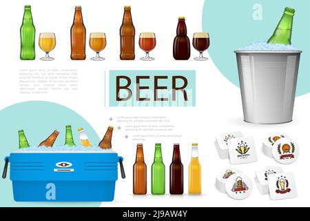 Realistische Brauzusammensetzung mit Biergläsern Flaschen in Box und Eimer mit Eis und Getränke Untersetzer Vektorgrafik Stock Vektor