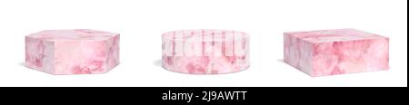 Set aus rosa Marmorpodien auf weißem Hintergrund mit Beschneidungspfad. 3D Bild Stockfoto
