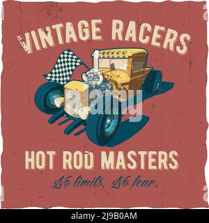 Rennfahrer Hot Rod Masters Poster mit Auto auf dem roten Vektordarstellung im Hintergrund Stock Vektor