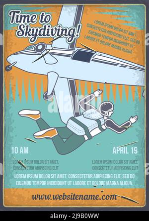 Posterdesign mit Illustration eines Mannes mit Fallschirm und Flugzeug. Stock Vektor