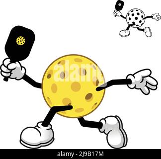 Pickleball dient Ball Strike mit schwarz und weiß Linie Kunst Zeichnung, Sportartikel, Vektor-Charakter Illustration, Outline Cartoon Maskottchen Logo Stock Vektor