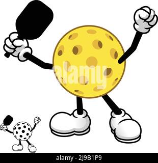 Pickleball Holding Paddle Gewinner Pose mit Schwarz-Weiß-Linie Kunst Zeichnung, Sportartikel, Vektor-Charakter Illustration, Outline Cartoon Mascot Logo Stock Vektor