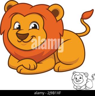 Niedlicher glücklicher Baby-Löwe Sitzen und entspannen Sie sich mit Schwarz-Weiß-Linienkunstzeichnung, Säugetieren, Vektor-Charakterillustration, Umriss-Cartoon-Maskottchen-Logo Stock Vektor