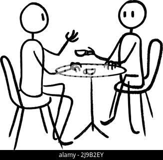 Menschen sitzen und chatten menschliche Stick Figur Wandbild Hand gezeichnet, Cafe Aktivität, Vektor-Charakter Illustration, Umriss Cartoon Maskottchen Logo in isoliertem Weiß Stock Vektor