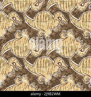 Braunes, handgezeichnetes Spinosaurus-Dinosaurier-Nahtloses Muster. Gender Neutral Jurassic fossile Silhouette für Baby-Nursery. Home Dekor für Museum, Aussterben Stockfoto