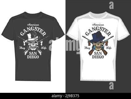 T-Shirt Design Muster mit Abbildung eines Schädels mit Waffen. Stock Vektor