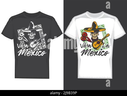 T-Shirt Designmuster mit Darstellung eines Totenschädels mit mexikanischem Hut und Gitarre. Stock Vektor