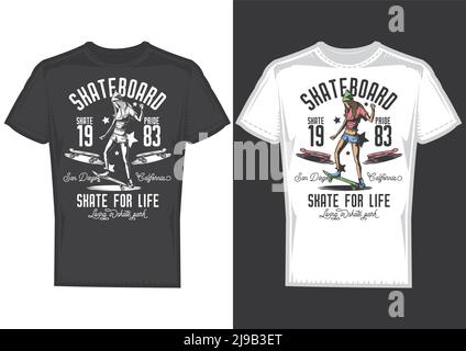 T-Shirt Design Muster mit Illustration eines Mädchens auf einem Skateboard. Stock Vektor